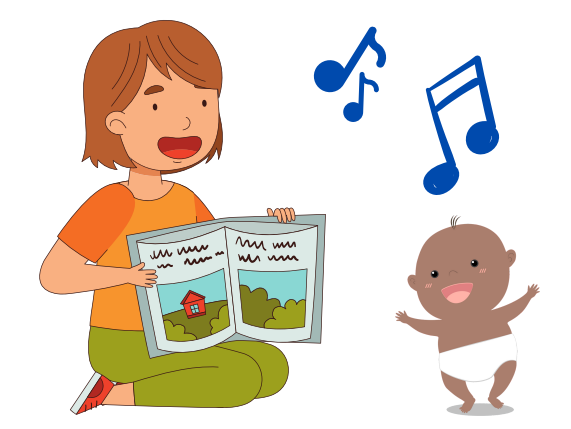 Graphic of a person holding a book up to a happy baby. There are music notes in the background. 